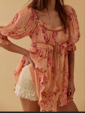 Free People Peach Floral Ruffled Babydoll Dress
